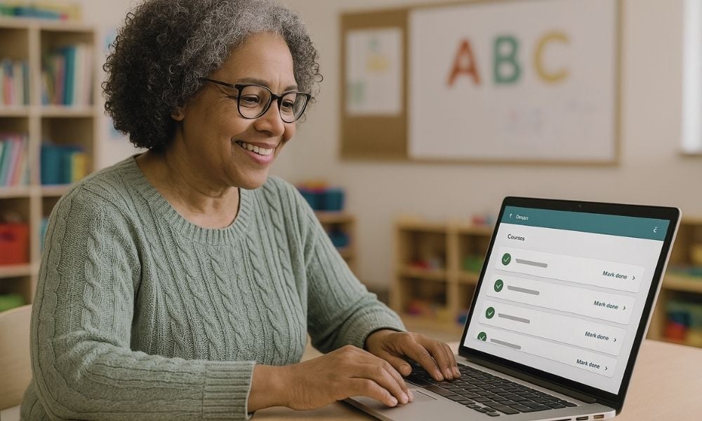 Smiling middle-aged woman wearing glasses and a green sweater uses a laptop in a bright classroom decorated with children’s artwork and books.