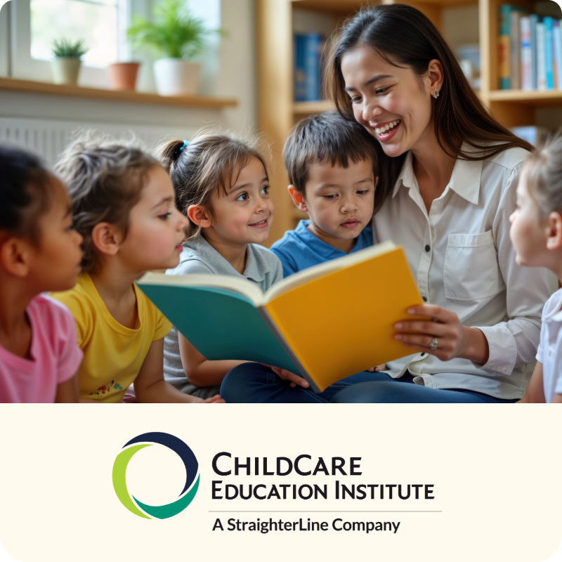 Woman smiling as she reads books to attentive group of children