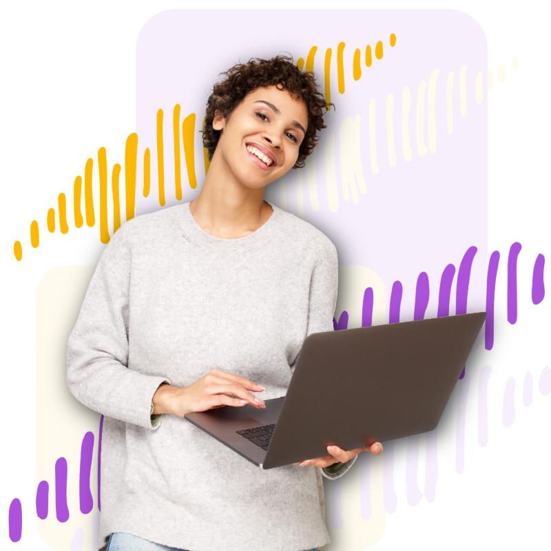 Woman Smiling, holding laptop in front of vibrant background